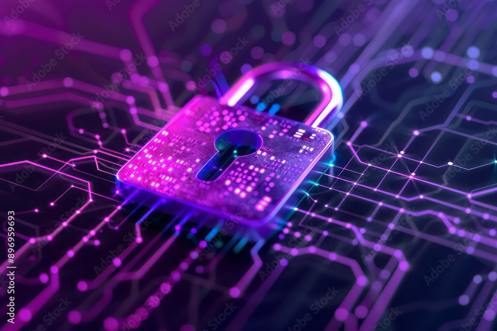 Poster a digital lock symbolizing cybersecurity, set against a vibrant circuit board background representin
