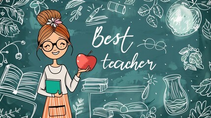 Cartoon teacher holding red apple in front of chalkboard with educational doodles and text best teacher. Education, teacher appreciation,  classroom decor, academic inspiration.