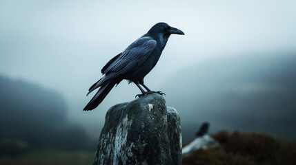 A black crow perched on a weathered rock in a foggy outdoor setting with a misty landscape in the background.