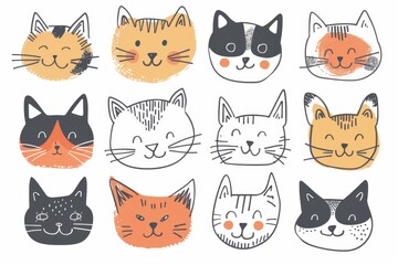 Cute Cats Set, Pet Animal Symbols, Hand Drawn Cat Icons Silhouettes, Funny Kitten Character Drawings