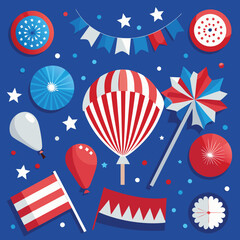 Obraz premium Independence Day poster, banner, foil balloon flyer, paper fan, and confetti for July 4. American flag colors. Minimalism flat lay design.
