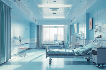 Hospital room with two beds, medical equipment and window. Generative AI