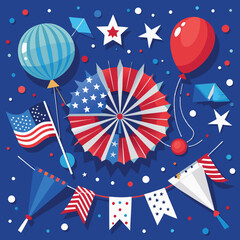 Fototapeta premium Independence Day poster, banner, foil balloon flyer, paper fan, and confetti for July 4. American flag colors. Minimalism flat lay design.