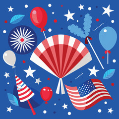 Obraz premium Independence Day poster, banner, foil balloon flyer, paper fan, and confetti for July 4. American flag colors. Minimalism flat lay design.