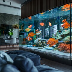 Interior Aquarium Tank, modern home design, Big Fish Tank, Copy Space