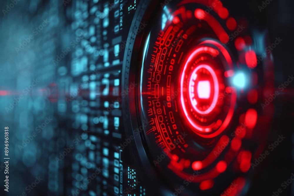 Poster futuristic digital interface with glowing red circle in a dark background, showcasing advanced techn