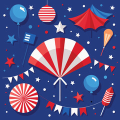 Obraz premium Independence Day poster, banner, foil balloon flyer, paper fan, and confetti for July 4. American flag colors. Minimalism flat lay design.