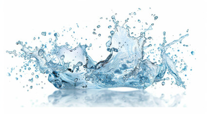 Water splash with blue tint, isolated on white background. This high-quality image of a water splash can be used in advertising and design.