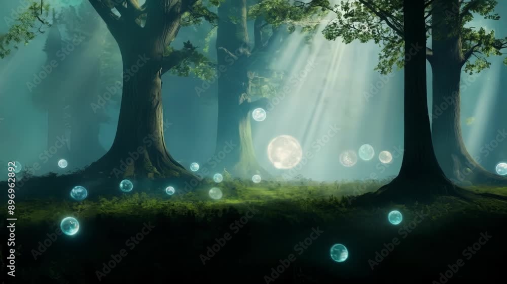 Aufkleber in a mystical forest a grove of trees is illuminated by glowing orbs giving off the impression of a 