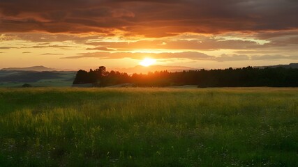 A bright, golden sun rising above the horizon. The sun's rays stretch out, illuminating the sky in a vibrant array of warm oranges, yellows, and pinks. 