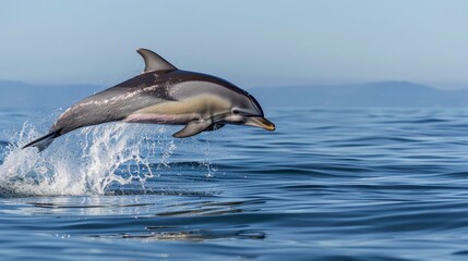 Fototapeta premium A dolphin leaping out of the water with a clear blue sky in the background