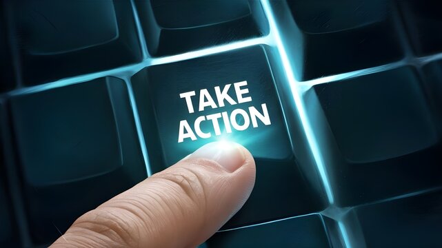 A close-up image of a finger pressing the "Take Action" keyboard key, with the key illuminated in a vibrant blue light , efficiency.