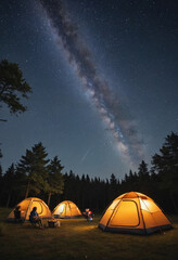  A family camping trip, with a tent pitched under a star-filled night sky. 