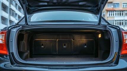 Open clean trunk of car back view, Rear view car with open trunk, headlight, bumper