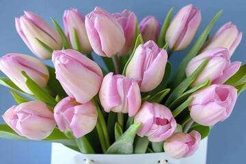 Pink Tulip Flowers in White Paper Bag on Blue Background.