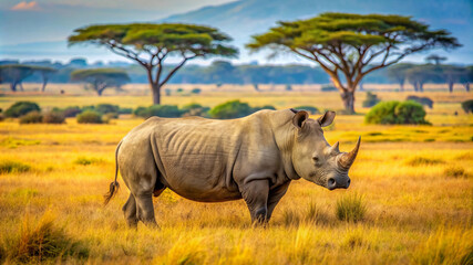 Fototapeta premium White Rhinoceros in African Savanna at Sunset.