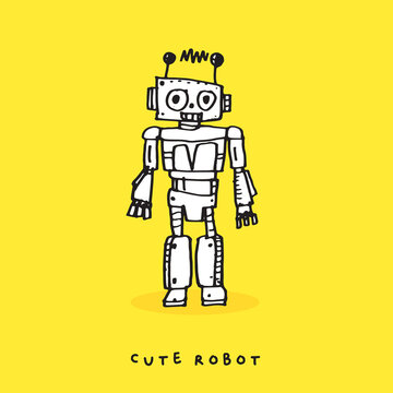 Cute doodle cartoon hand drawn robot illustration ,Cute doodle robot