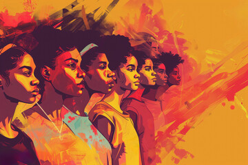 Vibrant digital painting of diverse women in profile with abstract colorful background. Juneteenth, empowerment, unity, equality, modern art, social change, gender equality, cultural expression.