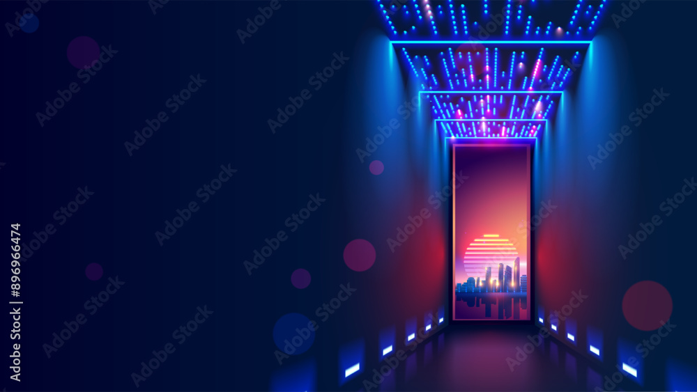 Poster science fiction door in parallel worlds. door in tunnel with digital data center light signals. futu