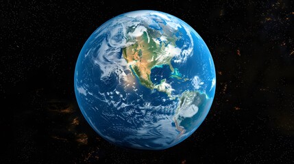 Naklejka premium Beautiful view of the Earth from space. It shows a blue sphere, clouds, and Earth's atmosphere. with stars and galaxies as the background. 