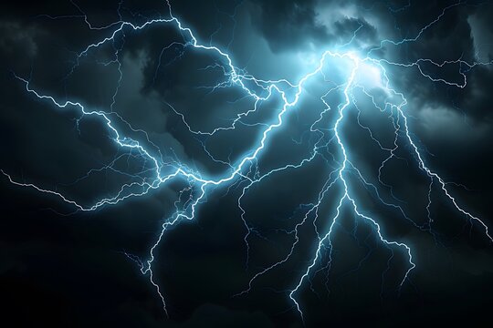 Thunderstorm background on dark night with lightning lighting up the sky and rain falling