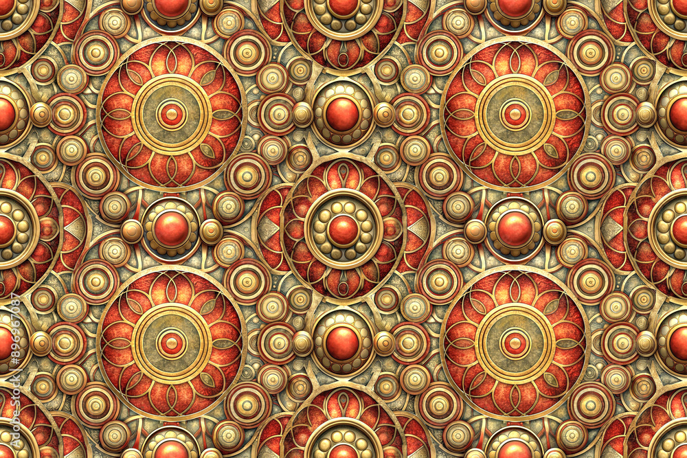 Poster seamless pattern of round elements in yellow-red tones
