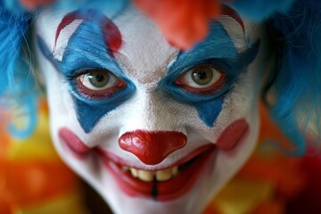 Obraz premium Scary clown with blue hair and a red nose smiling broadly