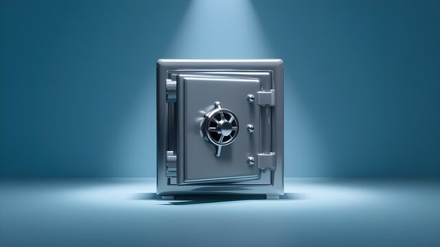 3D render of a closed metallic safe box, appearing impenetrable and secure, with intricate patterns and a combination lock, symbolizing the ultimate in banking safety.