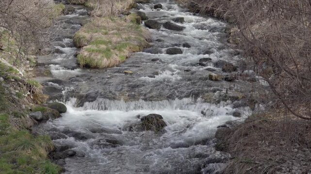 A stream flows over stones and small obstacles in a natural stream bed