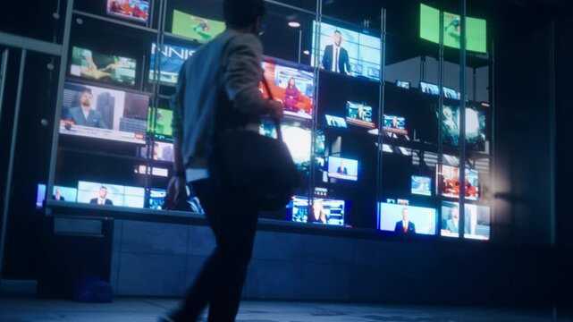 Young Specialist Commuting After Work, Stopping in Front of an Electronics Store to Watch a Broadcast on a Storefront Television Display. Channel Show Daily News Programs. Cinematic Handheld Footage