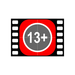 The 13 plus sign film ribbon is simple for web and mobile ui design. Only for teenagers. Age restrictions, censorship. Icons for content, movies, alcohol, clubs, and bars