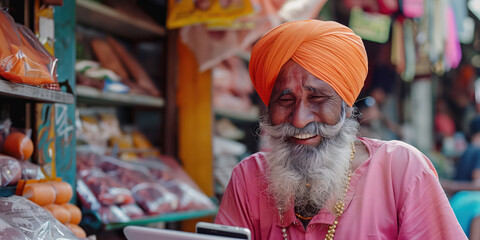 A smiling Sikh man shopping online