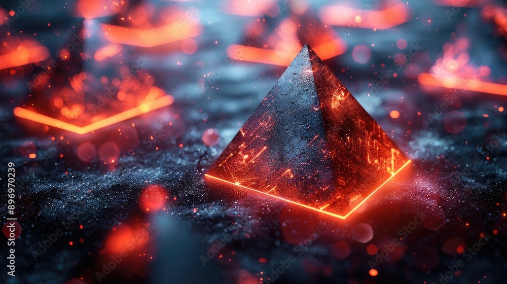 Poster red glowing triangles and black polygonal shapes, creating an abstract pattern