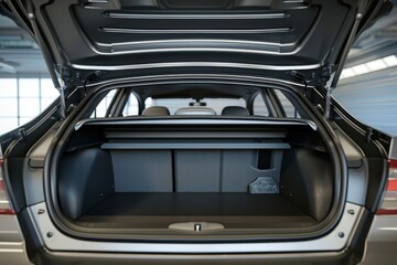 Open clean trunk of car back view, Rear view car with open trunk, headlight, bumper