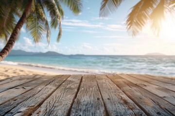 Beach themed product display on wooden table with sea background.