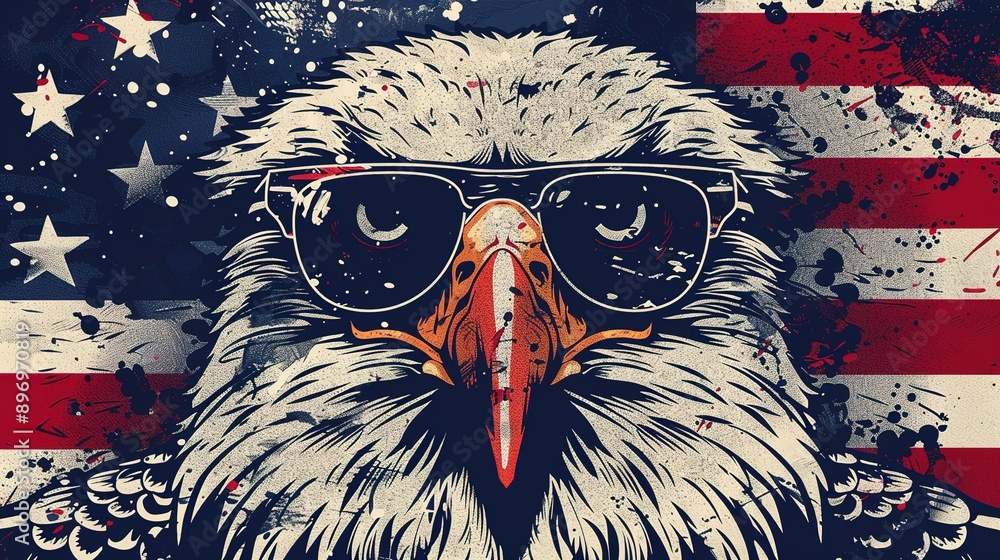 Canvas Prints Eagle Wearing Aviator Sunglasses with American Flag: A Symbol of Freedom and Patriotism. Perfect for: Independence Day, Memorial Day, Veterans Day, Flag Day, Patriotic event promotions