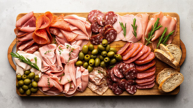 Charcuterie board with a variety of cured meats, olives, herbs, and slices of bread on a wooden board.