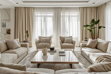 "Elegant Luxury Living Room: Neutral Tones and Minimalist Design"