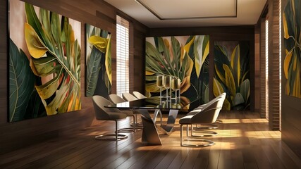 A room interior design concept, featuring a sleek and modern wooden table with matching chairs. The walls are adorned with unique paintings of tropical leaves, adding a touch of nature.