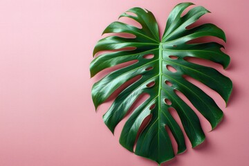 Obraz premium tropical monstera leaf on a pink summer background banner space for text flat lay