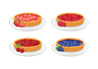 Different types of sweet pie icon set vector. Strawberry, raspberry, cherry and blueberry tartlets icons isolated on a white background. Whole sweet cream pie on a plate drawing