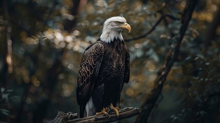 Portrait of majestic American bald eagle perched on branch, symbolizing wildlife in USA