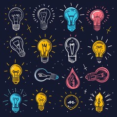 Graffiti light bulbs, lamp icon silhouettes set, lightbulbs isolated, doodle sketched bulbs, creativity idea