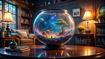 A fishbowl containing a miniature galaxy, sitting on a living room table. Generative AI.
