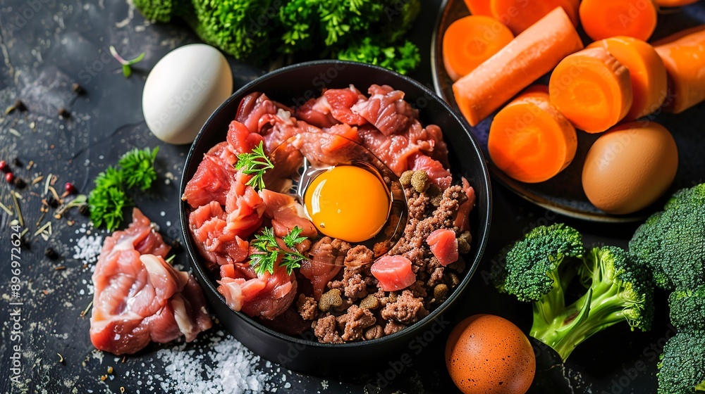 Sticker Cut dog with dog bowl with raw meat, ground turkey meat, carrots, broccoli, raw egg yolk on top. Healthy raw food for dog.