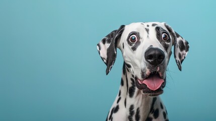 Studio portrait of a dalmatian dog with a surprised face isolated on blue background