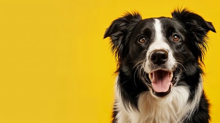 Fototapeta premium Border collie isolated on yellow background with copy space. Close up portrait of happy smiling sheepdog dog face head looking at camera. Banner for pet shop. Pet care and animals concept for ads card