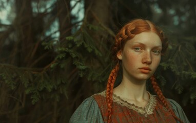 Dreamy portrait of a girl with braided hair, wearing a traditional dress, and a mystical forest background with soft lighting