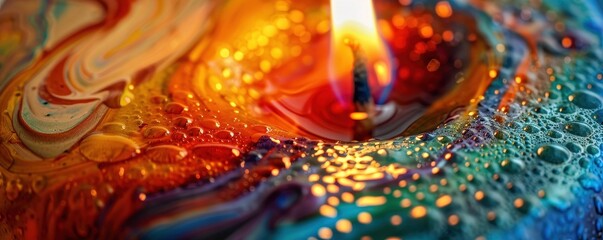 Close-up of vibrant abstract painting with fluid colors and dynamic patterns, reminiscent of molten lava cascading in a mesmerizing visual display.