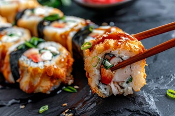 Eating Sushi Rolls with Chopsticks in Hands, Taking Sushi Roll, Eating Susi in Japanese Restaurant